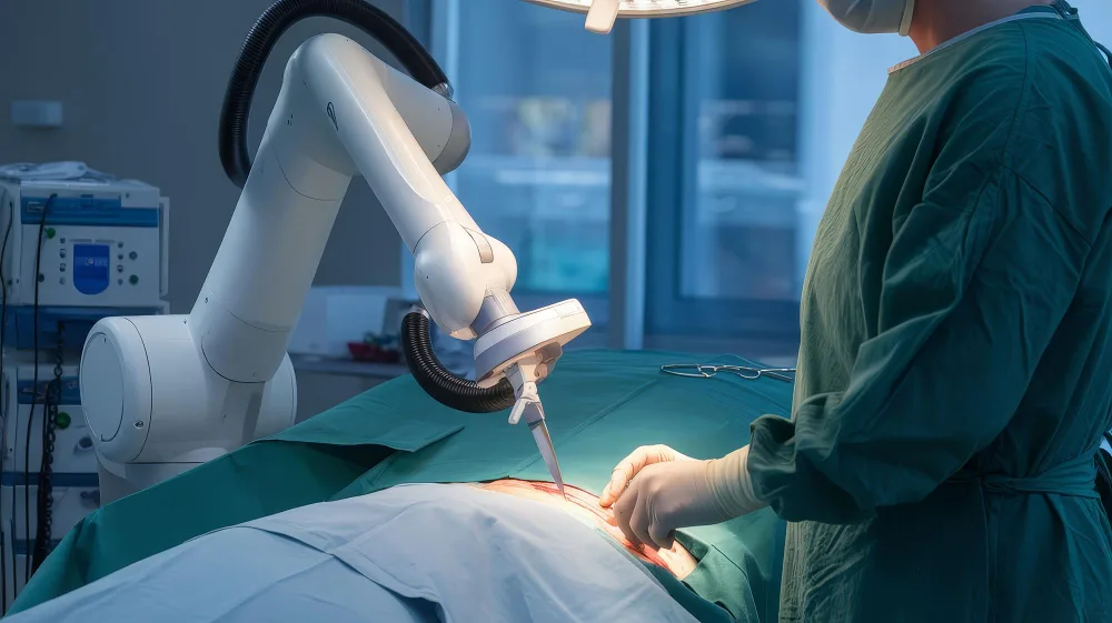 A surgeon uses a robotic surgical system during an operation - Human and AI working together