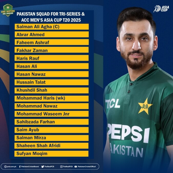 Pakistan Asia Cup Squad - Names of Players - Source: PCB
