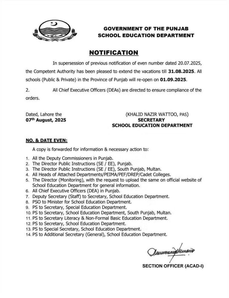 Punjab Schools Summer Vacation Extension Notification